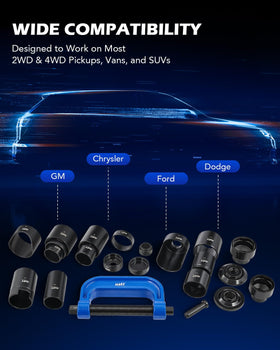 Orion Motor Tech kit in use on control arm demonstrating safe, centered ball joint removal