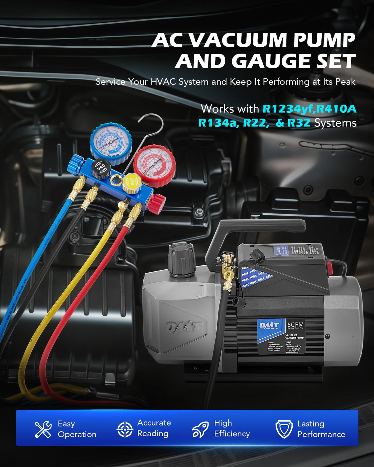 Orion Motor Tech closeup of four-way manifold gauge for precise pressure readings