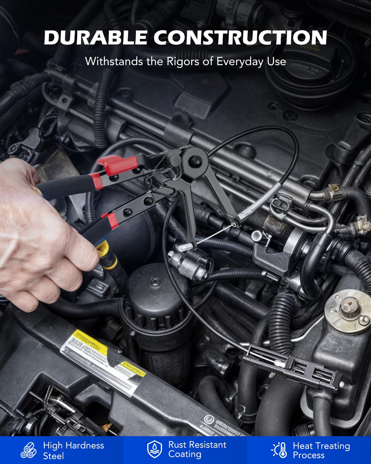 Orion Motor Tech pliers holding spring clamp enabling hands-free hose removal