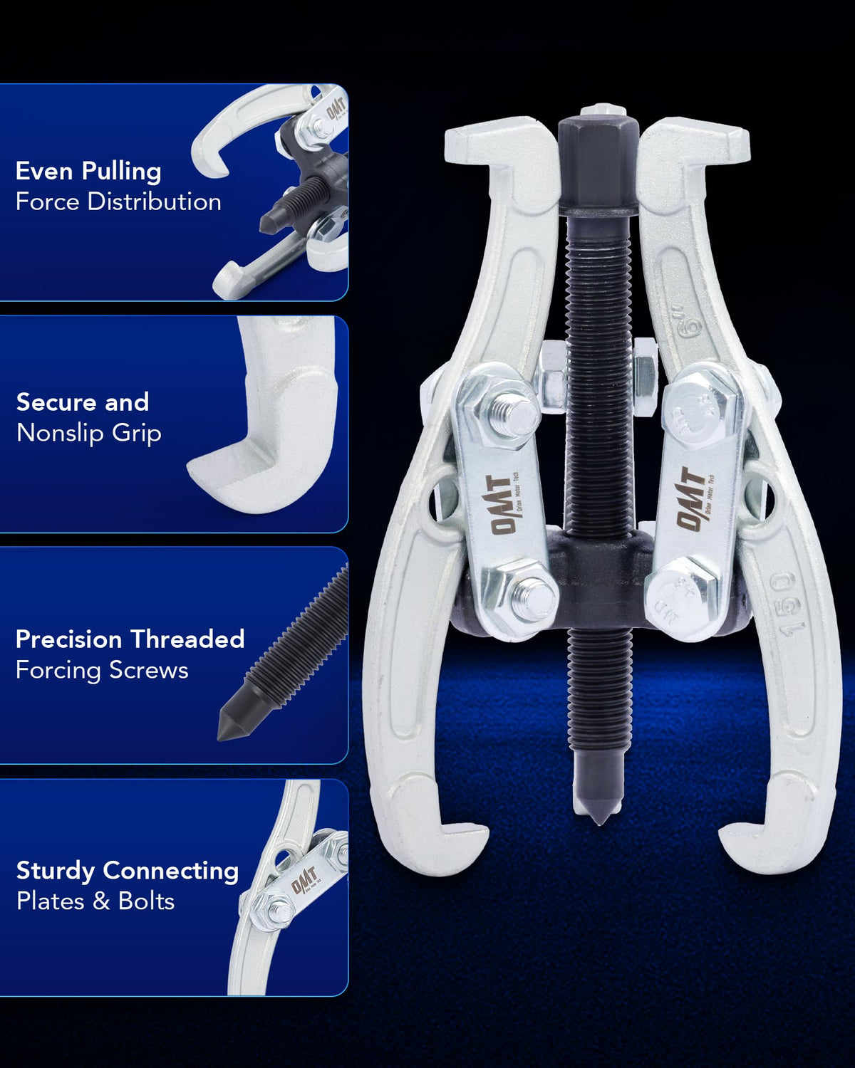 Orion Motor Tech pullers beside ruler showing spreads and reaches for sizing accuracy