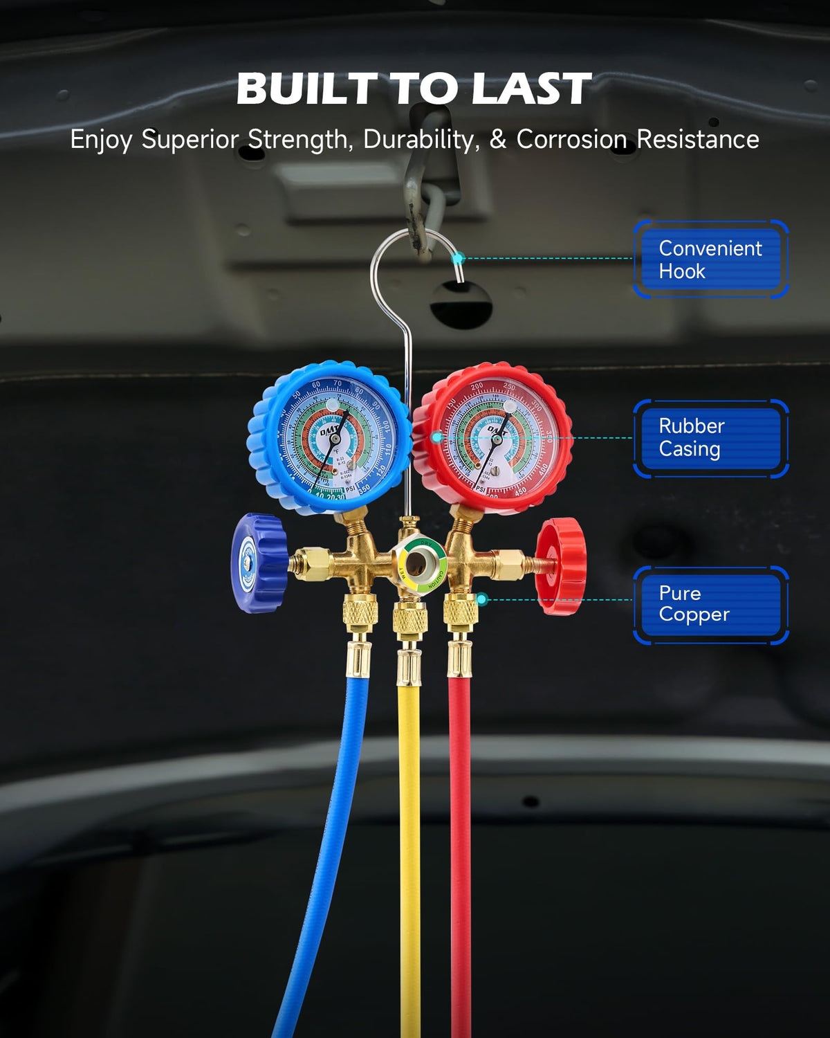 Orion Motor Tech hoses beside ruler showing five-foot length for reach and convenience