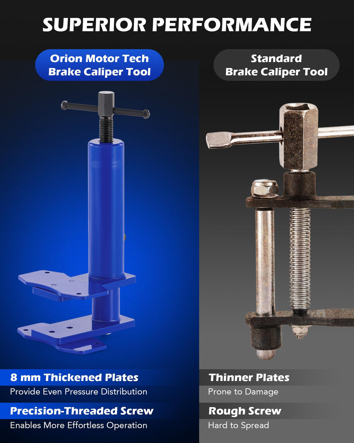 Orion Motor Tech side profile showing 1045 steel construction and durable powder-coated finish