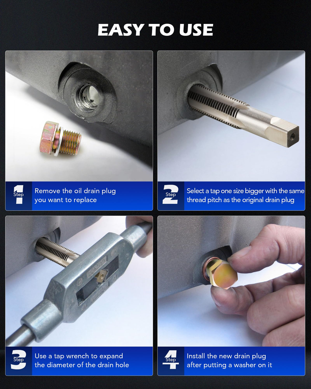 Orion Motor Tech size comparison chart illustrating M13–M22 range to pick correct drain plug