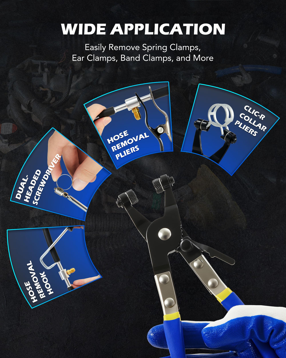 Orion Motor Tech side-by-side clamp size comparison illustrating 11/16" to 2-1/2" coverage