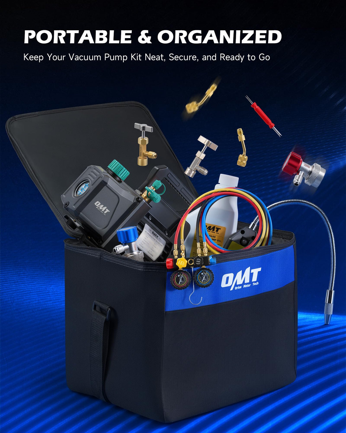 Orion Motor Tech next to hand tools showing compact size and jobsite portability benefit