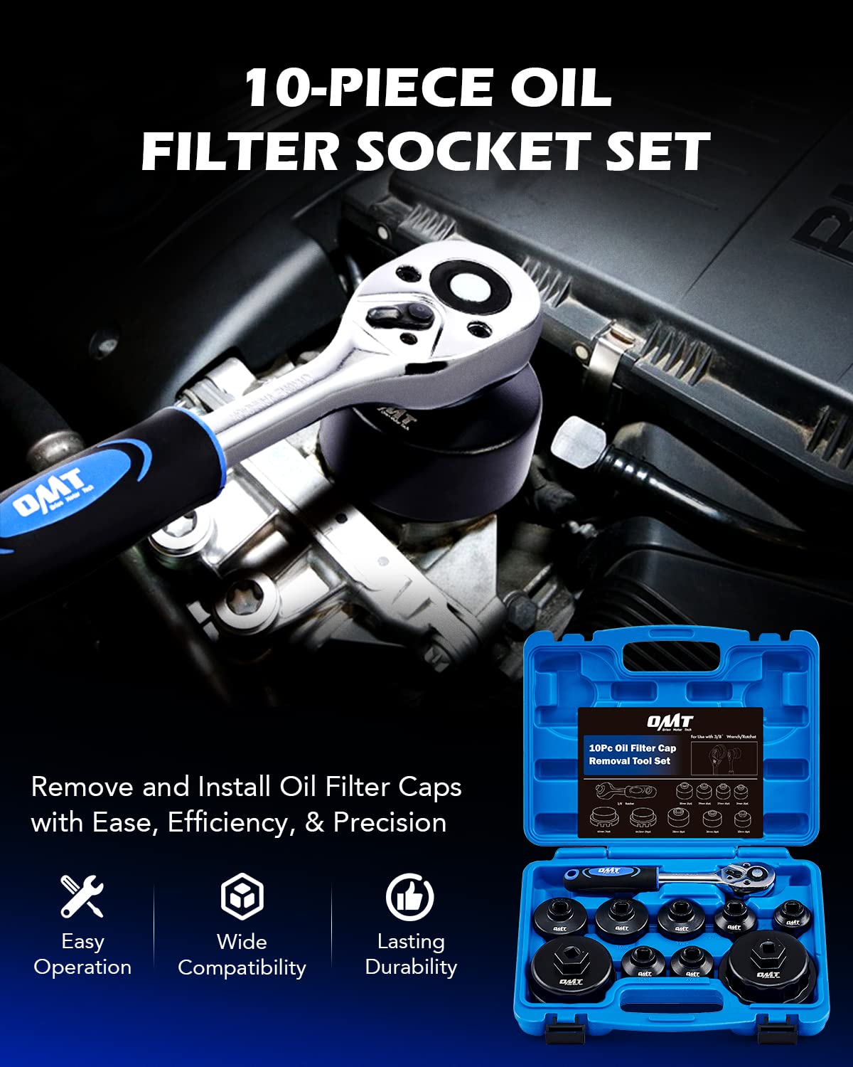 Orion Motor Tech sockets lined up by size for quick selection and organization