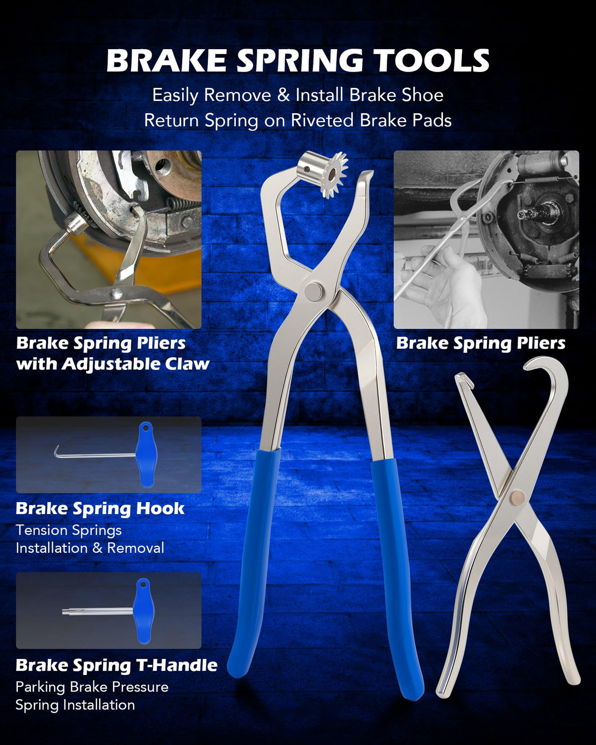 Orion Motor Tech brake shoe spring release tool close-up illustrating leverage and safety