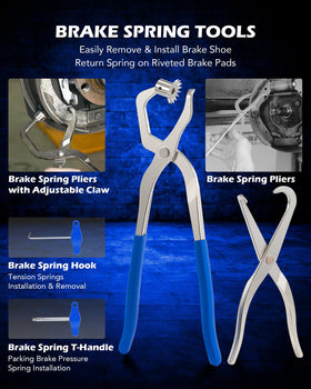 Orion Motor Tech brake shoe spring release tool close-up illustrating leverage and safety