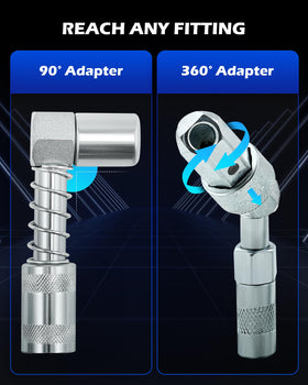Orion Motor Tech swivel adapter attached to a grease gun in use showing easier angle coverage benefit