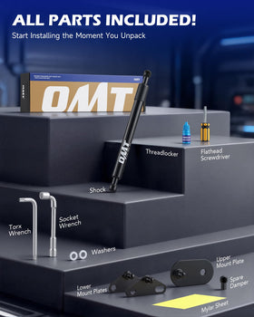 Orion Motor Tech tailgate assist beside hand tools showing scale and easy home installation