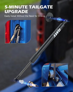 Orion Motor Tech tailgate assist beside a ruler and tailgate for size context and easy comparison