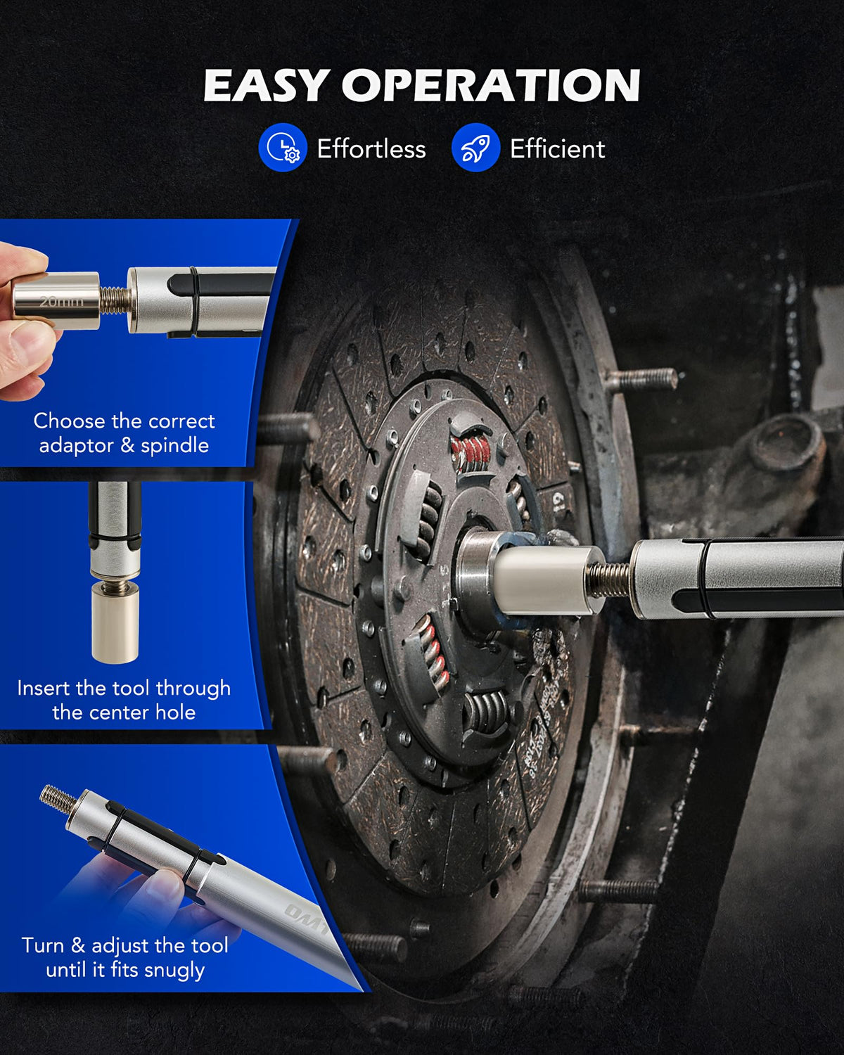 Orion Motor Tech alignment tool inserted in clutch disc showing accurate centering for gearbox fitment