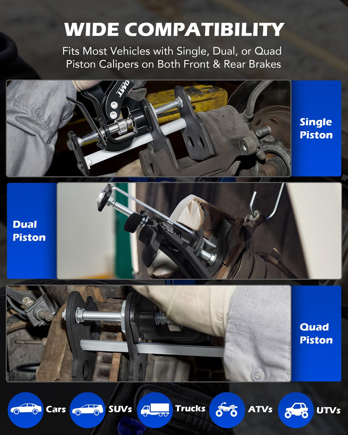 Orion Motor Tech tool compressing a vehicle caliper piston illustrating easy pad replacement