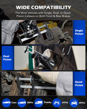 Orion Motor Tech tool compressing a vehicle caliper piston illustrating easy pad replacement