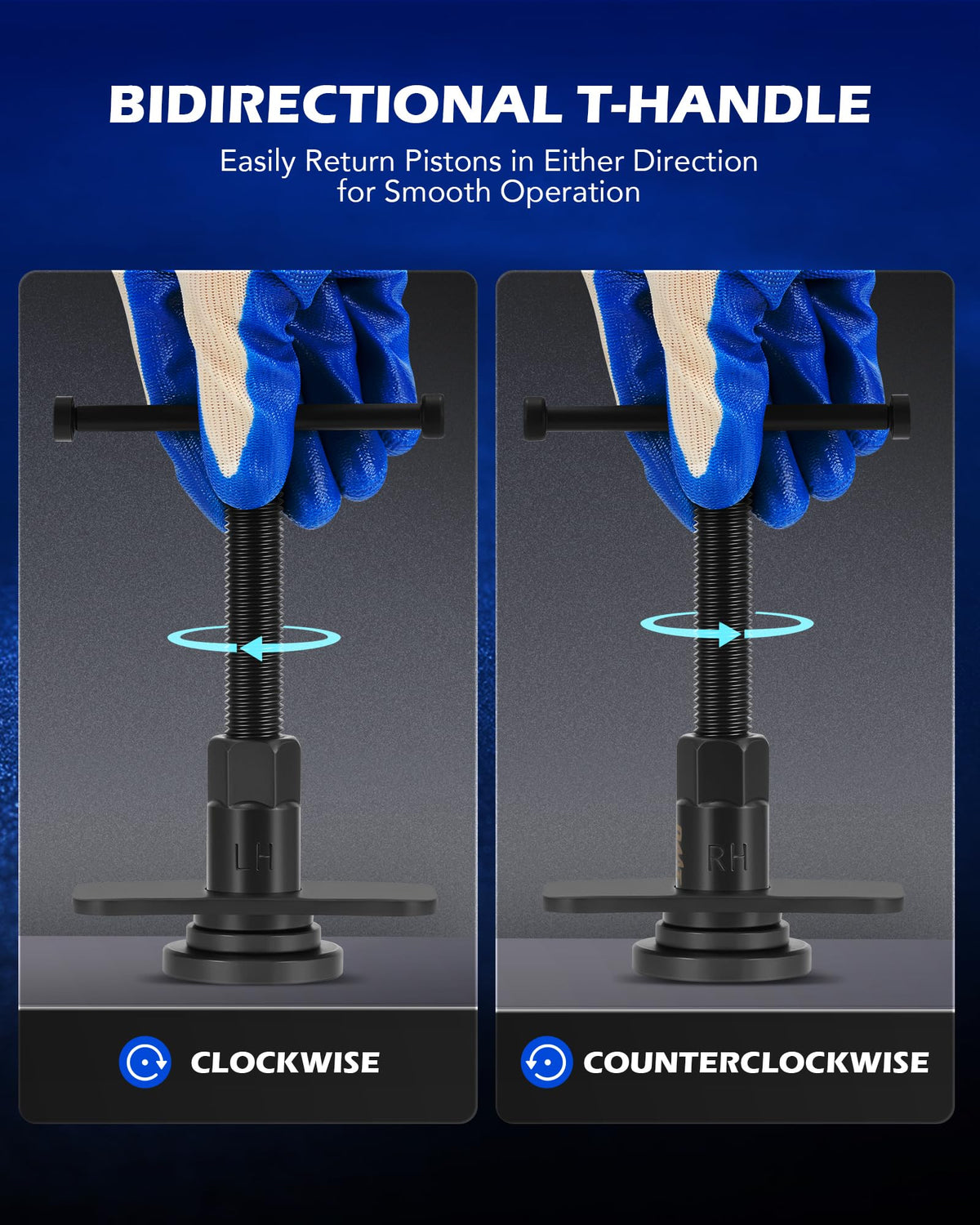 Orion Motor Tech tools held by mechanic during caliper compression, speeds pad service