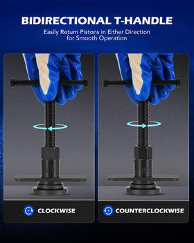 Orion Motor Tech tools held by mechanic during caliper compression, speeds pad service