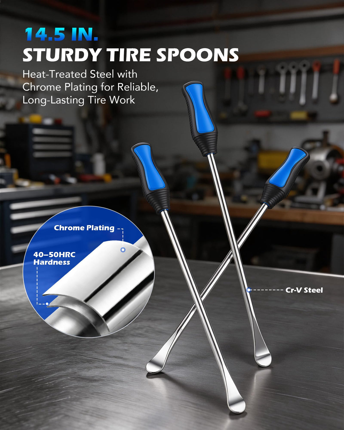 Orion Motor Tech tire spoons in use on a motorcycle showing safe bead removal