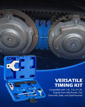 Orion Motor Tech tools spread on bench displaying all camshaft, crankshaft, tensioner and wrench components