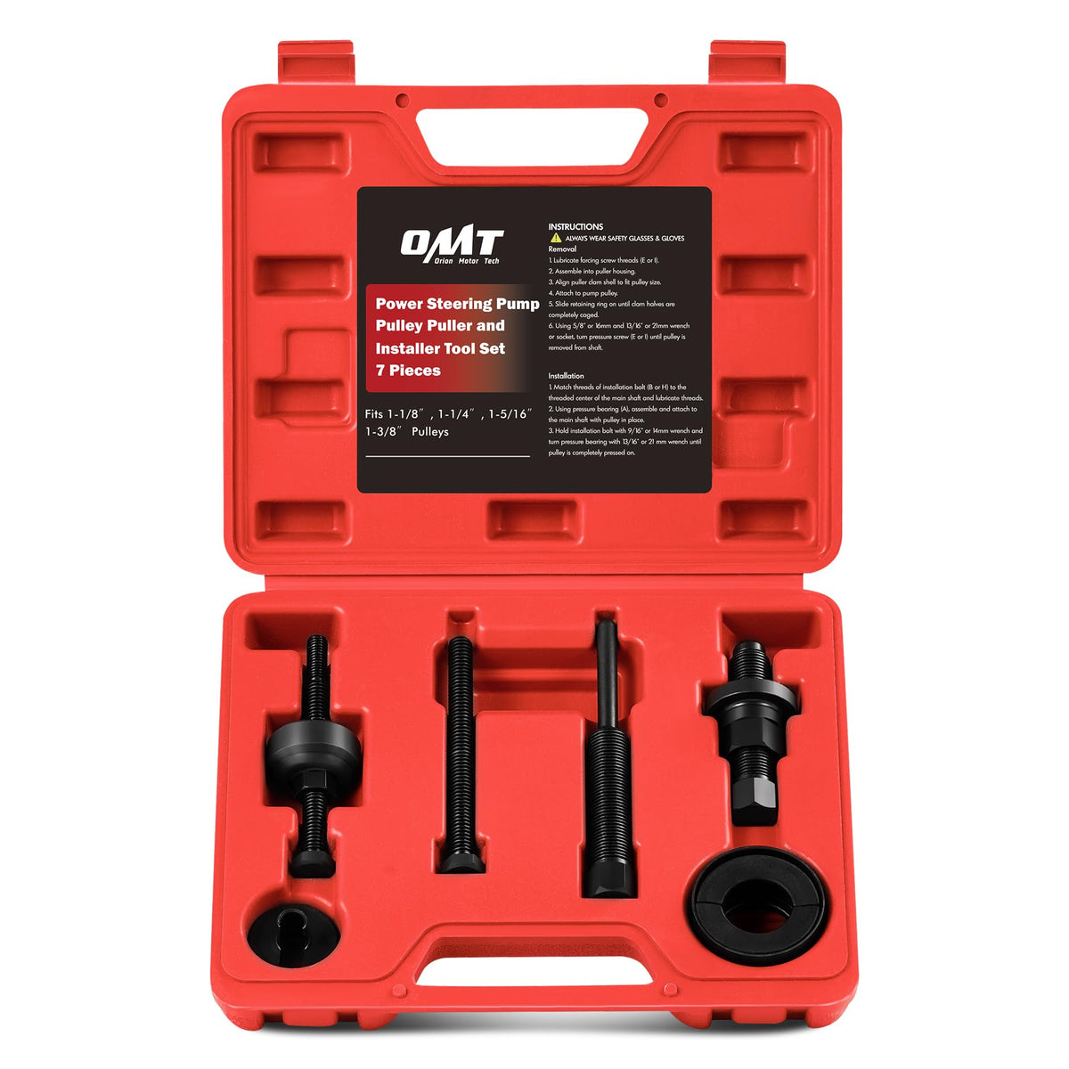 Orion Motor Tech front packaging showing full 7-piece pulley tool kit and case, professional reliability