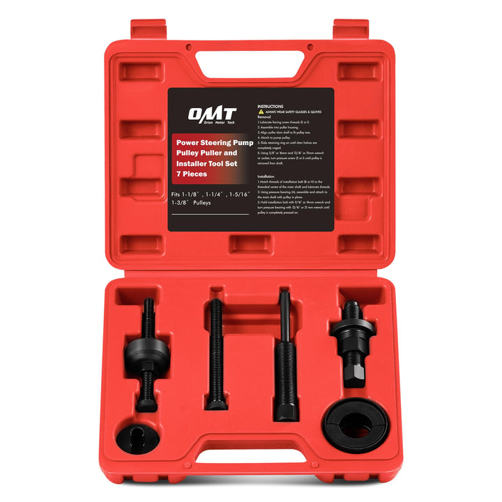 Orion Motor Tech front packaging showing full 7-piece pulley tool kit and case, professional reliability
