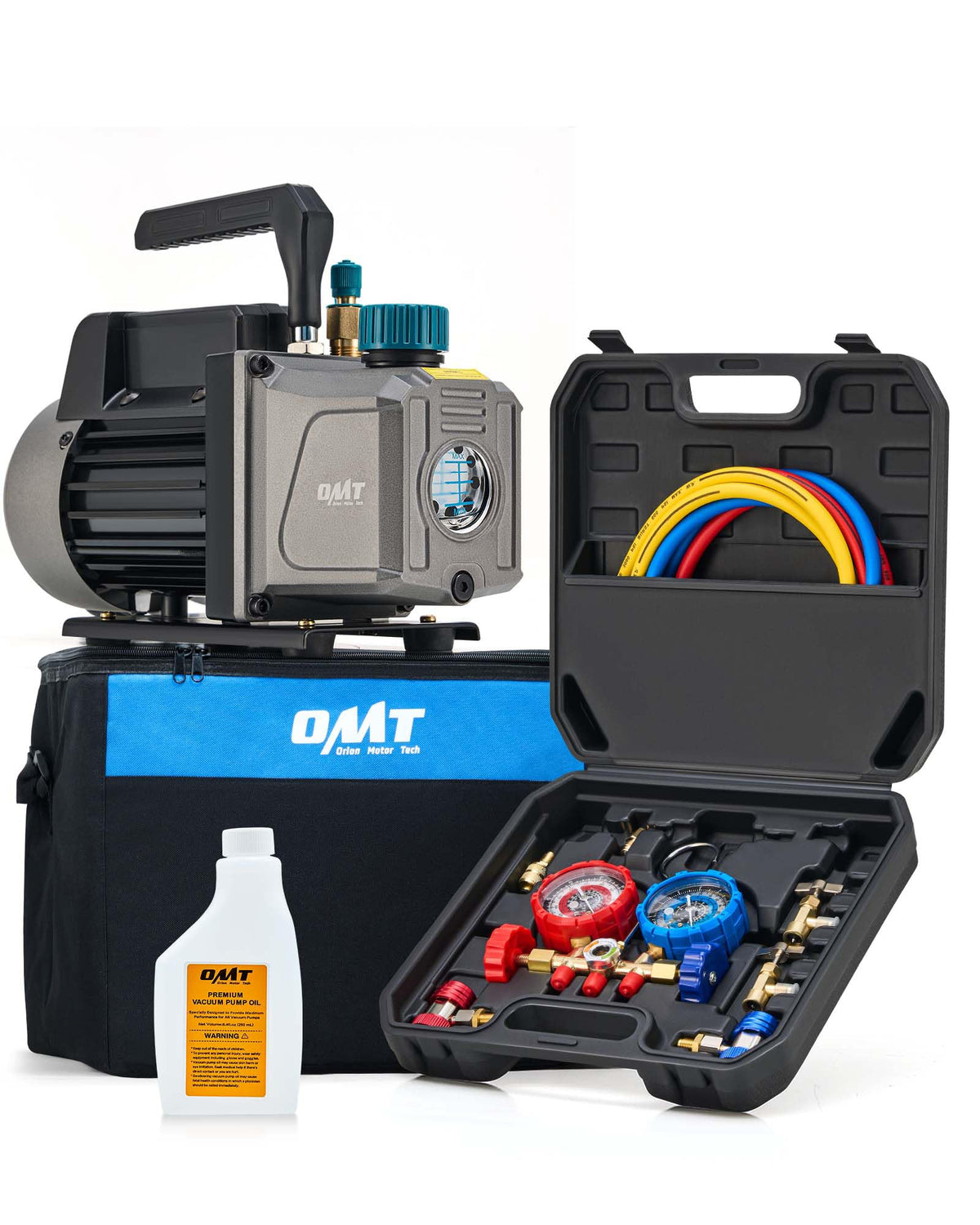 Orion Motor Tech front view of complete pump and gauge kit showing components and portability benefit