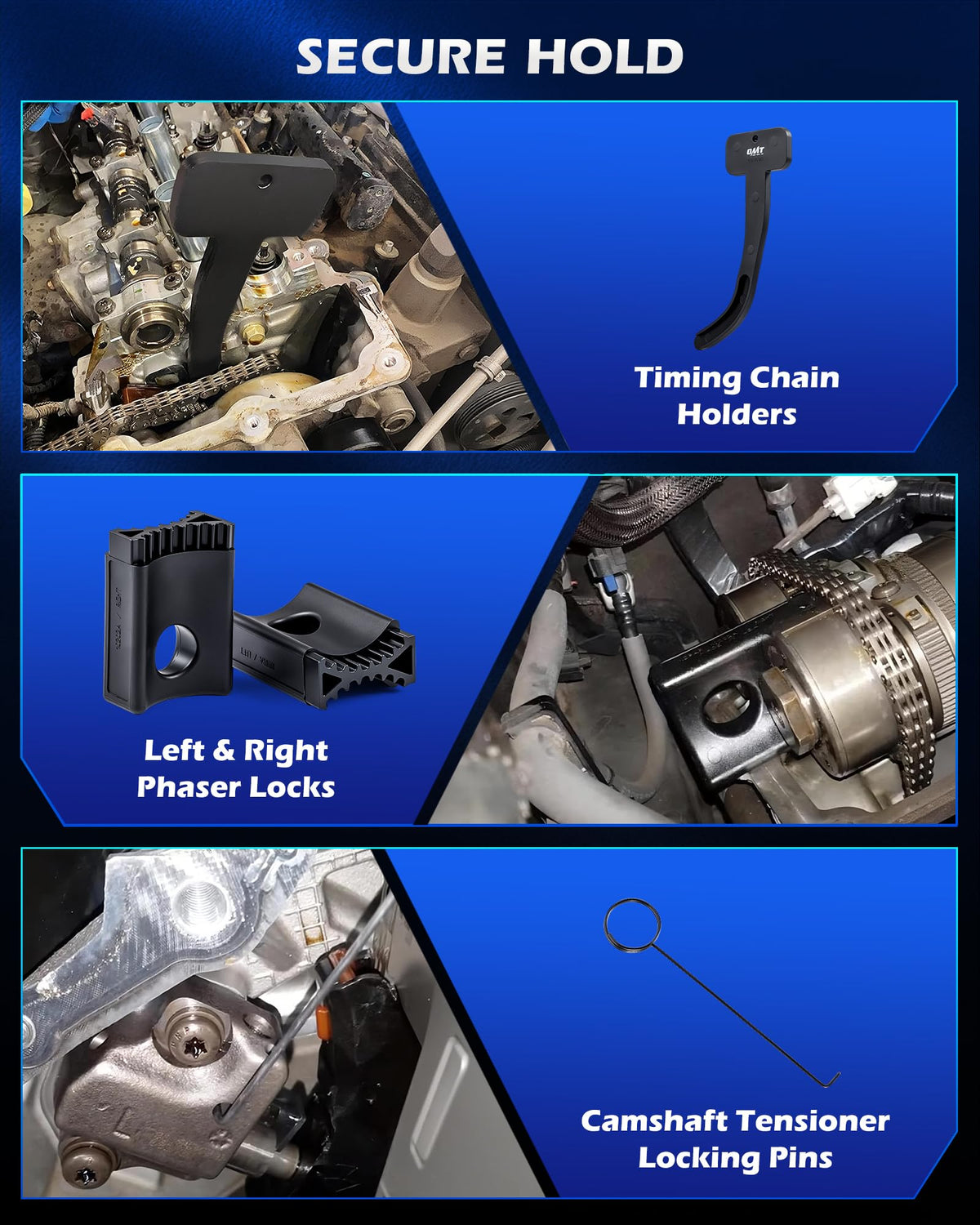 Orion Motor Tech camshaft tensioner locking pins detail demonstrating secure immobilization