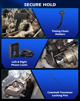 Orion Motor Tech camshaft tensioner locking pins detail demonstrating secure immobilization