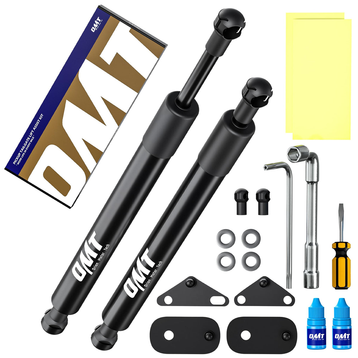 Orion Motor Tech front view of both tailgate shock absorbers showing durable finish and fit benefit