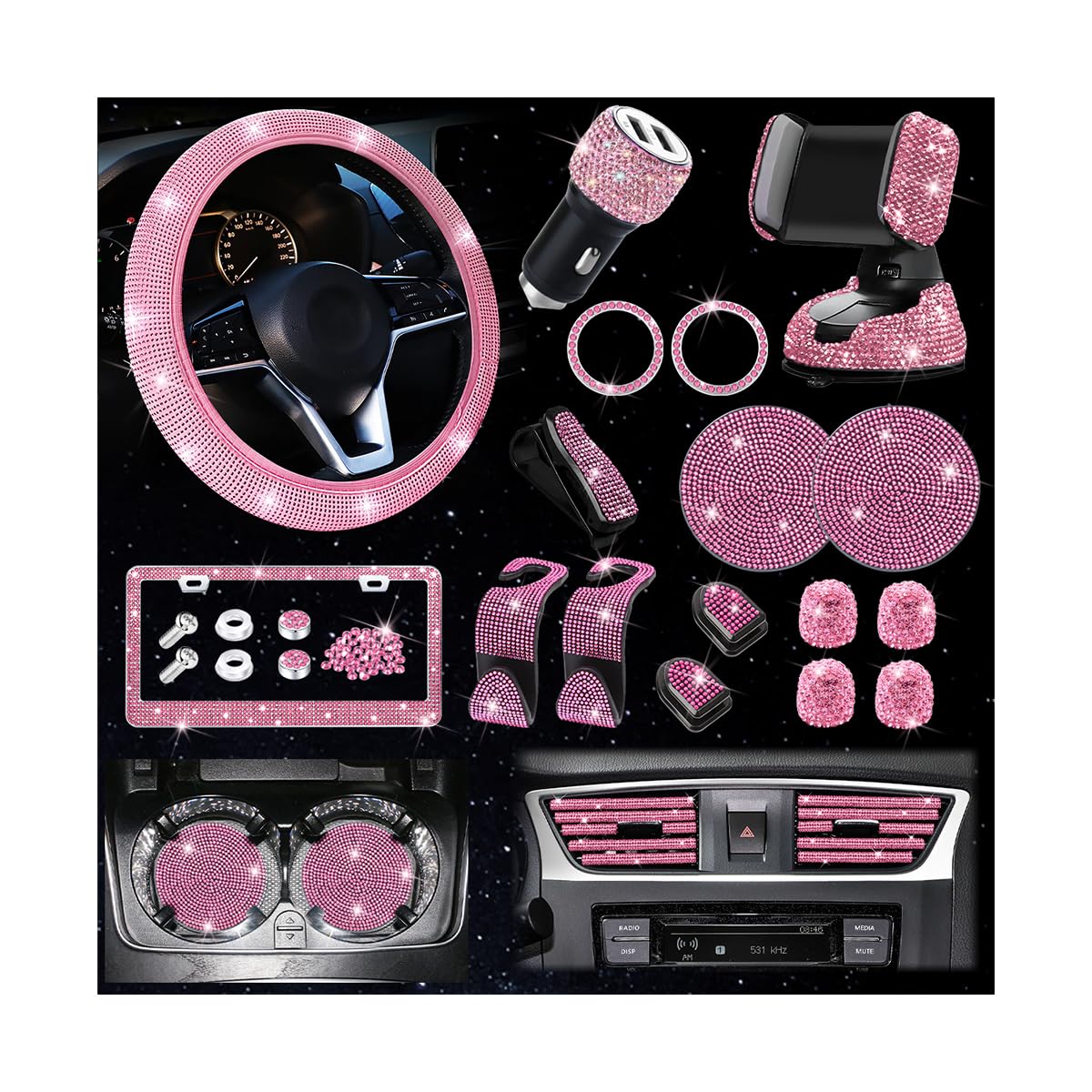 Osilly front view of pink rhinestone 27-piece set showing full contents and gift-ready look