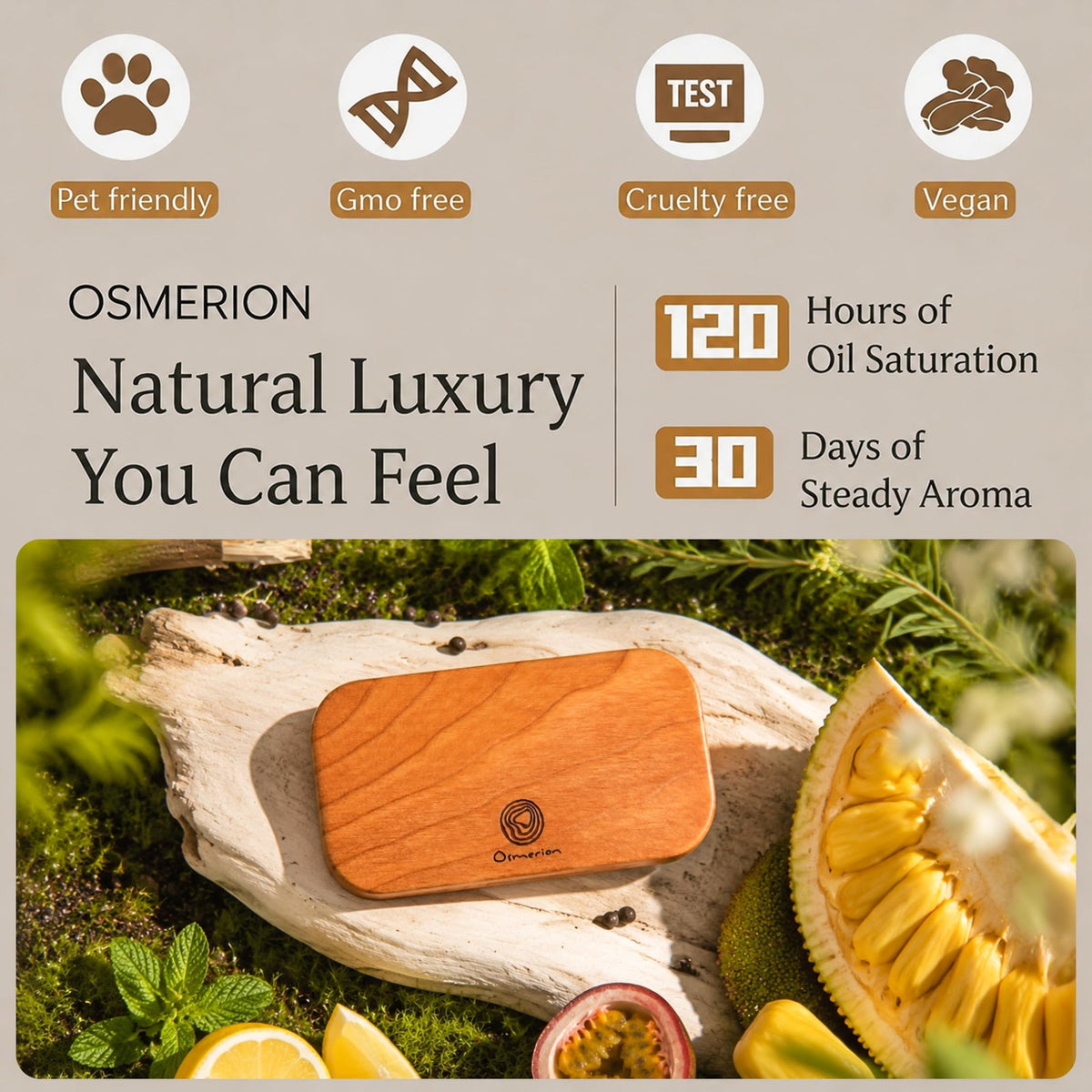 osmerion wood block close-up showing grain and infused oils for natural diffusion