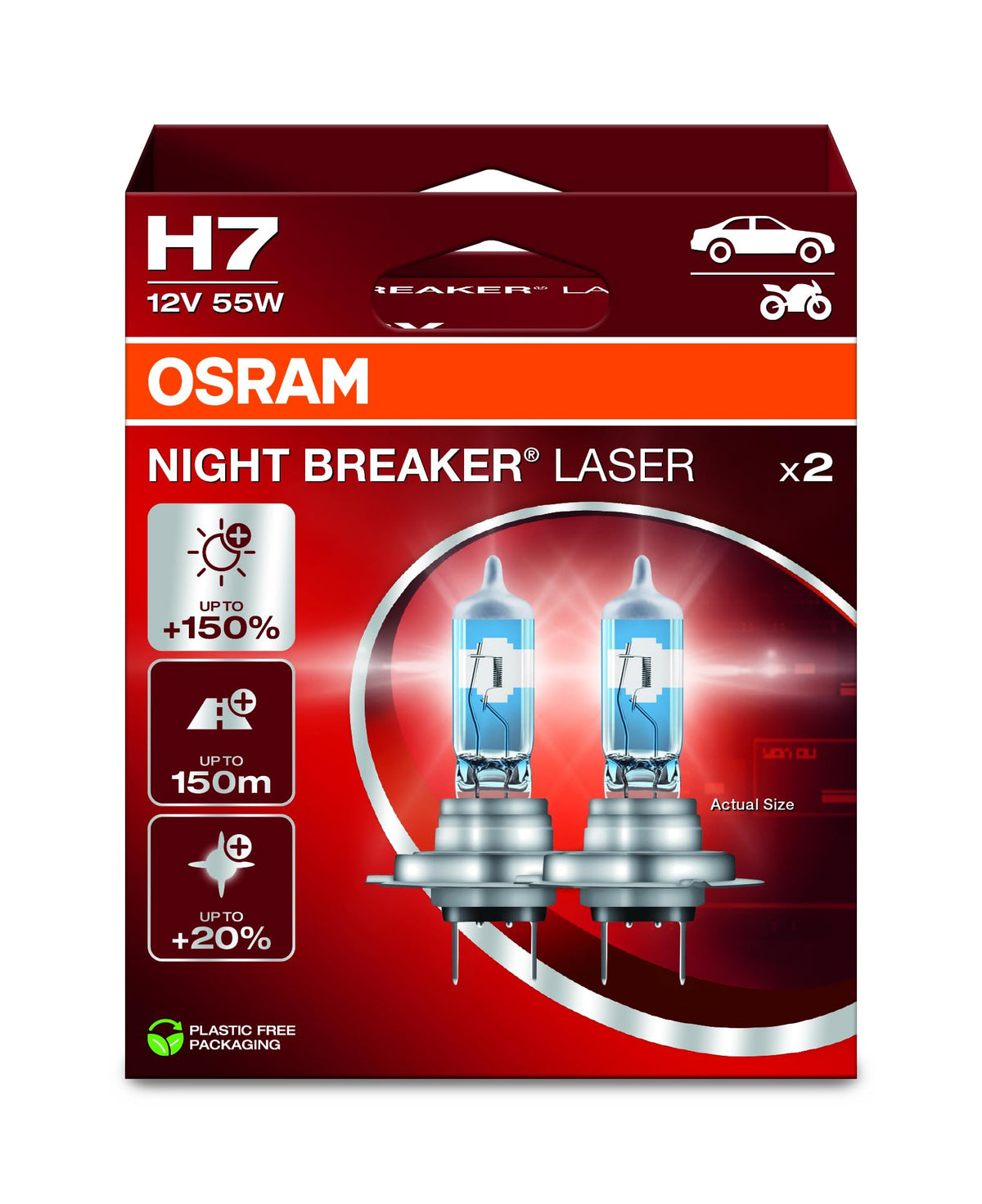 OSRAM front packaging showing H7 lamps and eco-friendly box benefit clarity