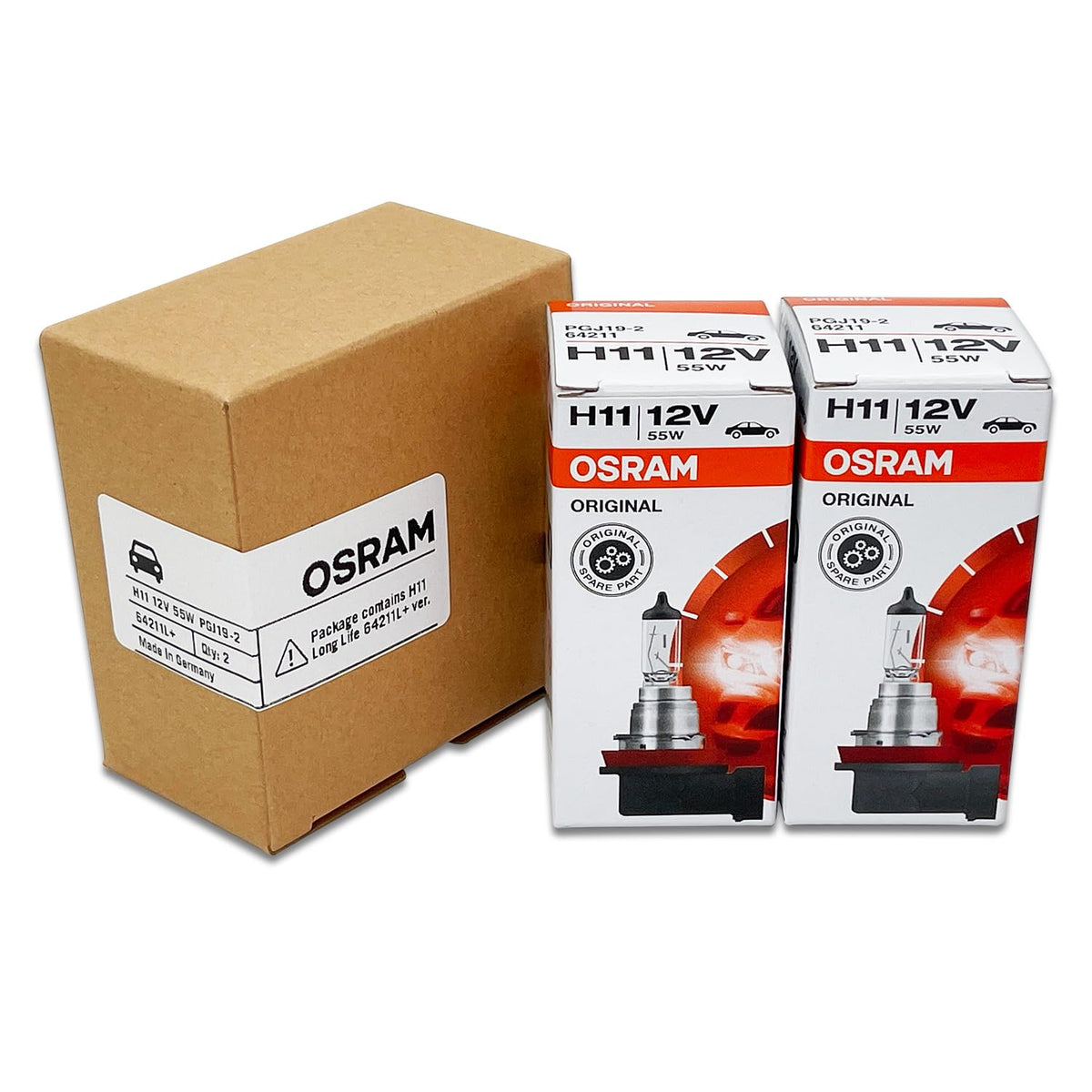 OSRAM H11 bulbs held in hand to show true size and fitment scale for buyers