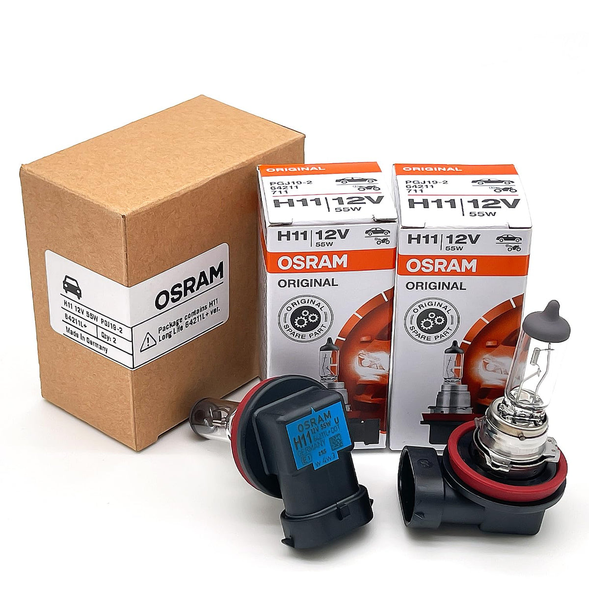 OSRAM H11 front packaging showing genuine branding and pack of two for reliability