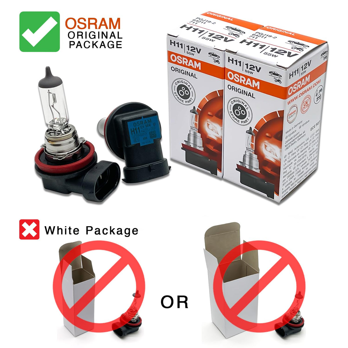 OSRAM H11 close-up of glass and filament highlighting durable Long Life construction