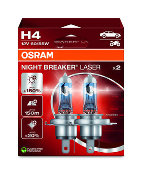 OSRAM NIGHT BREAKER LASER H4 front packaging showing twin-pack benefits