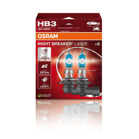 OSRAM Night Breaker Laser HB3 front packaging showing twin hanging box and benefits