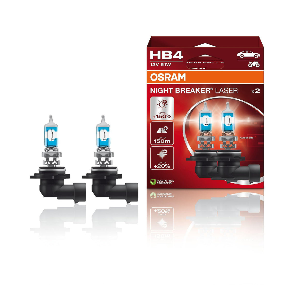 OSRAM Night Breaker Laser HB4 beam on roadway at night showing longer, clearer illumination for safer distance recognition