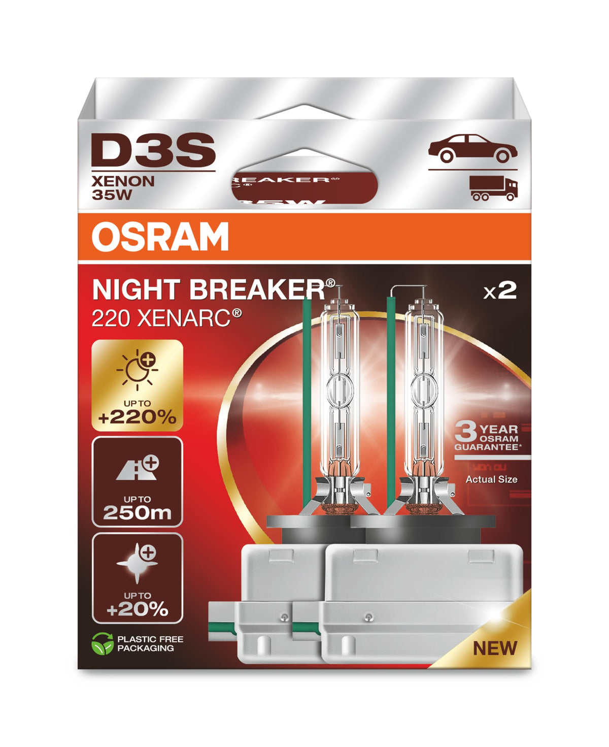 OSRAM Xenarc Night Breaker 220 folding box front view showing twin lamps and branding for reliable visibility