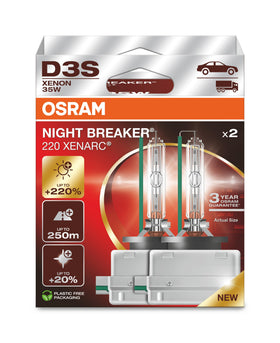 OSRAM Xenarc Night Breaker 220 folding box front view showing twin lamps and branding for reliable visibility
