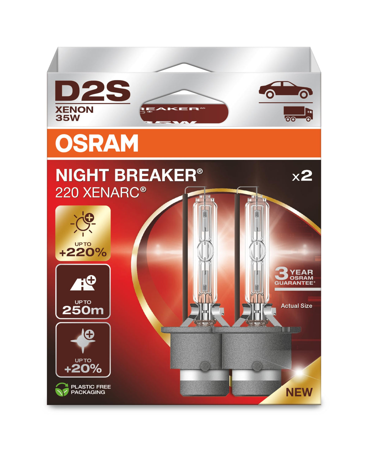 OSRAM Xenarc Night Breaker 220 front packaging showing boxed pair and brand benefits