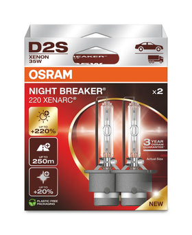 OSRAM Xenarc Night Breaker 220 front packaging showing boxed pair and brand benefits