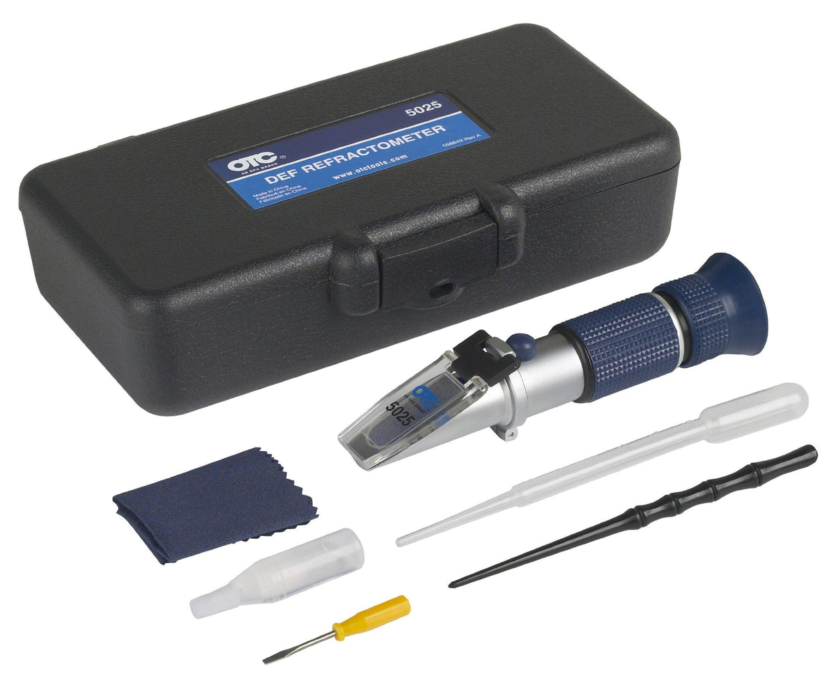 OTC refractometer front view showing kit layout and quick on-the-spot DEF testing benefit