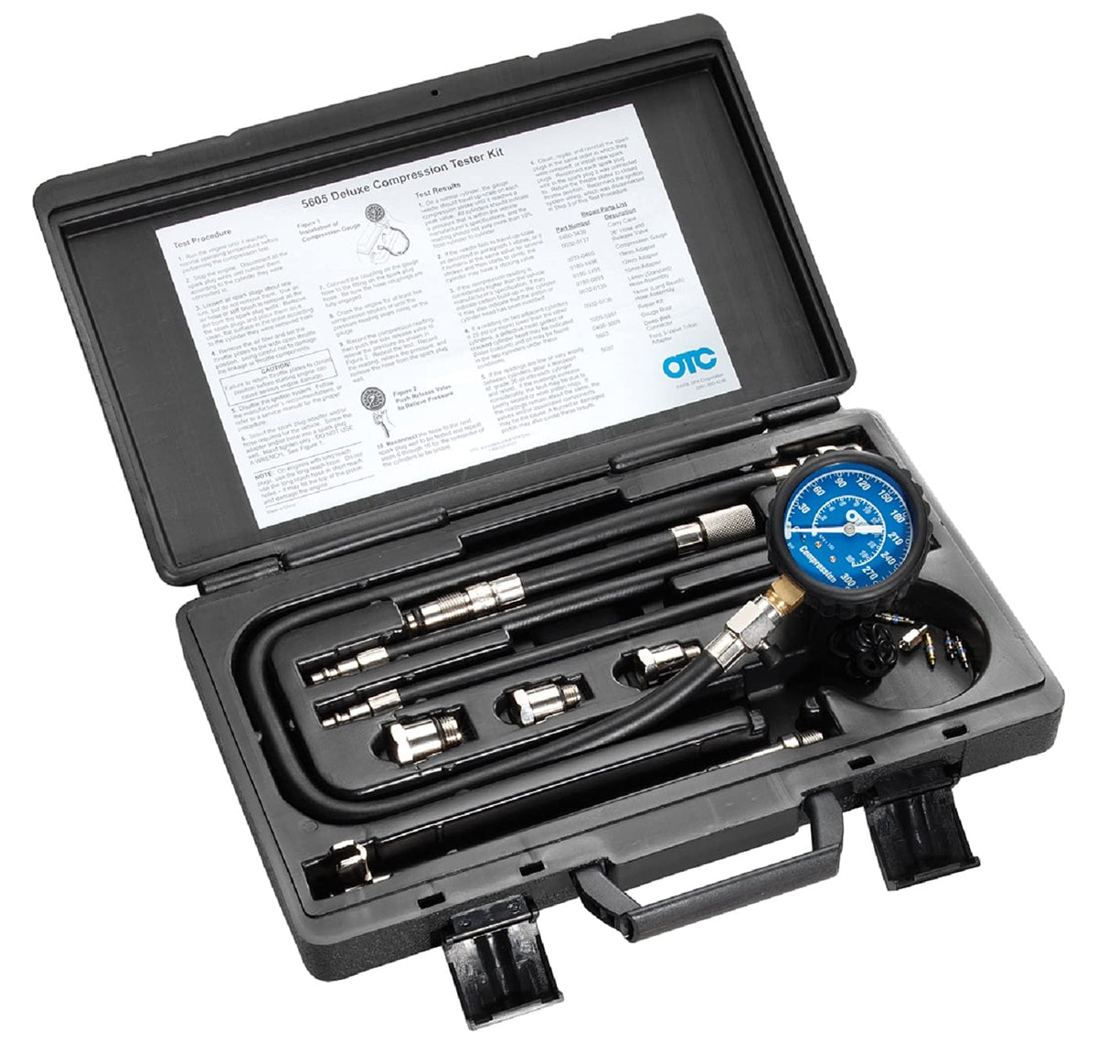 OTC 5605 front layout showing kit contents and organized case for fast access