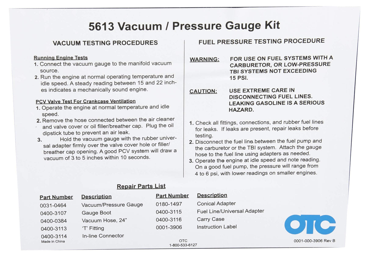 OTC 5613 assortment of adapters and hoses for broad vehicle compatibility