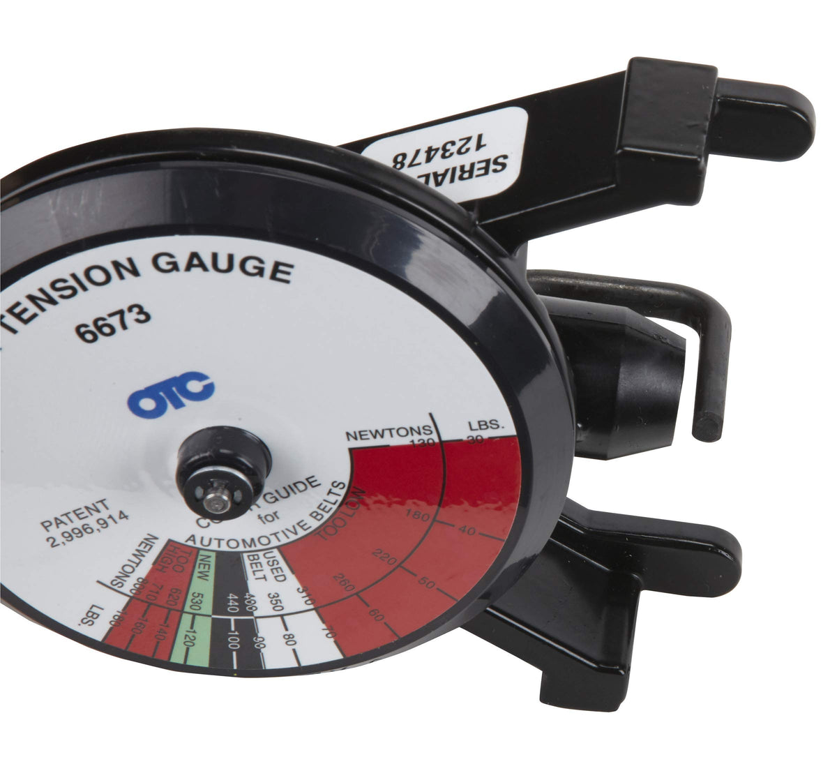 OTC 6673 in use on car belt demonstrating accurate tension measurement