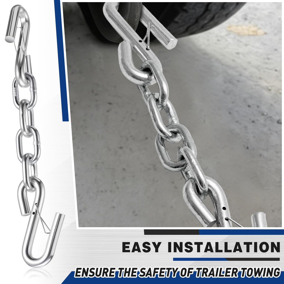 Otoolling chain installed on trailer coupler illustrating improved connection safety