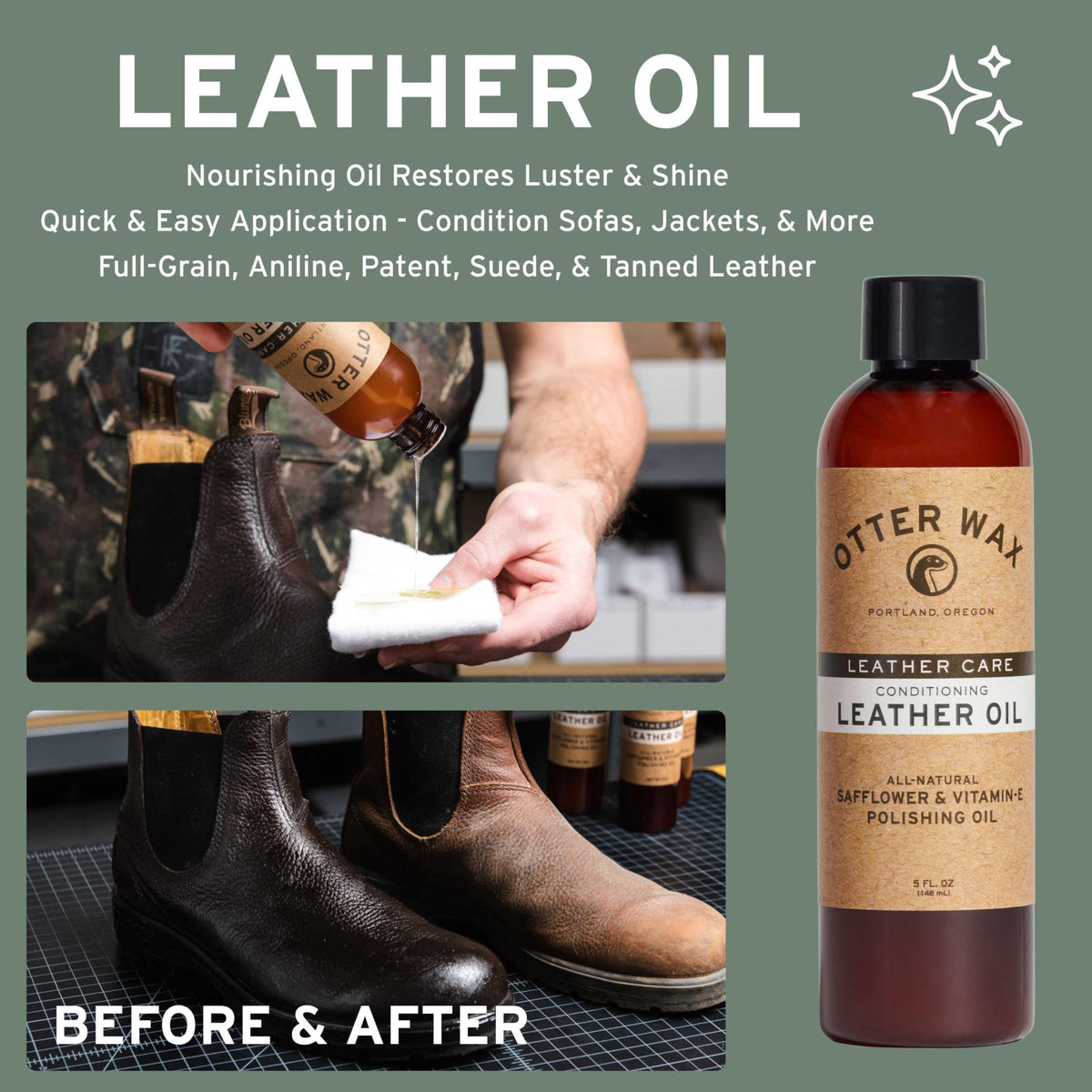 Otter Wax leather oil droplets on leather surface showing deep moisturizing effect