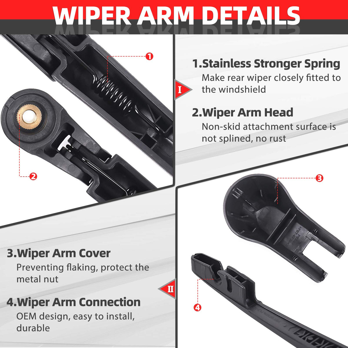 OTUAYAUTO close-up of wiper arm PBT material and construction for longer life