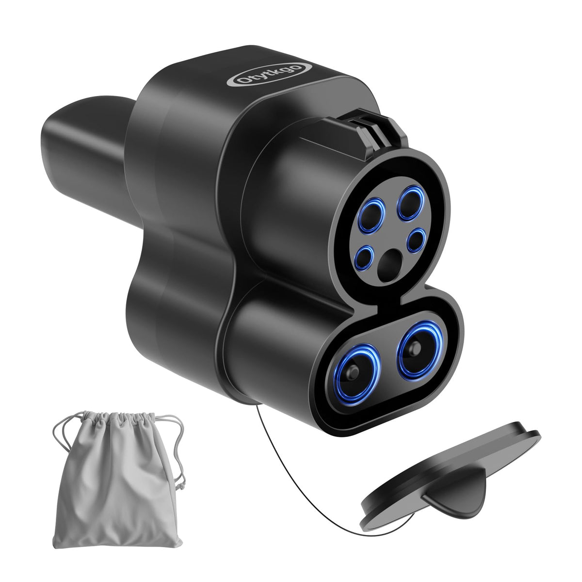 Otytkgo adapter front view showing sturdy housing and NACS plug for reliable charging