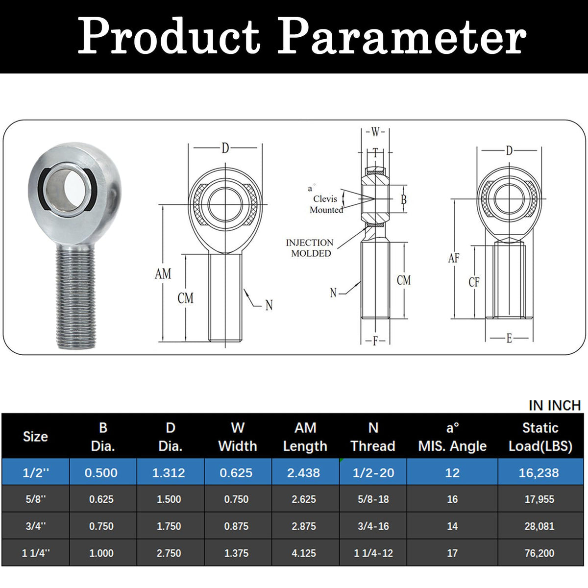OUBULU rod end next to ruler showing 1/2 inch scale for accurate sizing